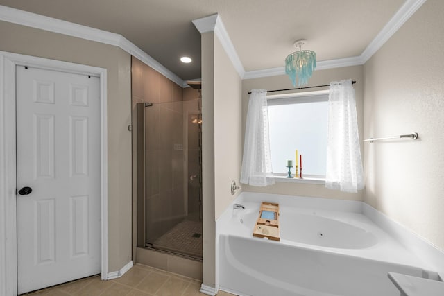 bathroom with crown molding, independent shower and bath, and tile patterned flooring