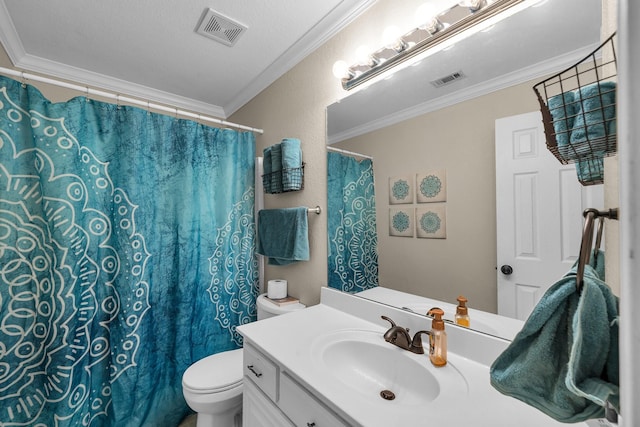 bathroom featuring a textured ceiling, toilet, crown molding, and vanity