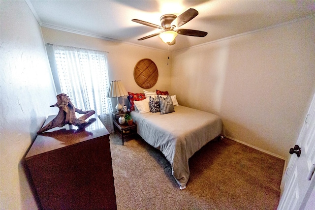 bedroom featuring ceiling fan, ornamental molding, and carpet flooring