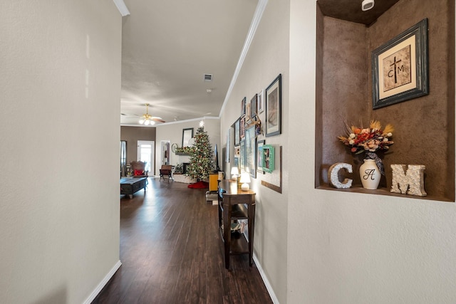 hall featuring dark wood-type flooring and crown molding