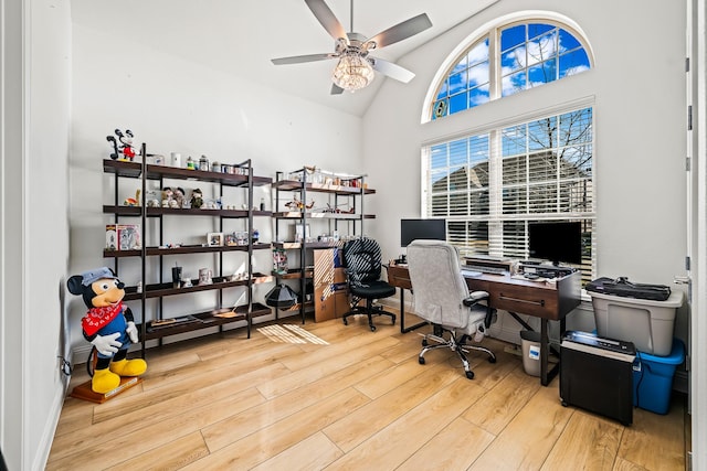 office area with lofted ceiling, ceiling fan, and light hardwood / wood-style flooring