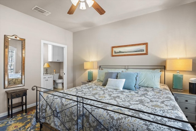 bedroom featuring ceiling fan and ensuite bathroom