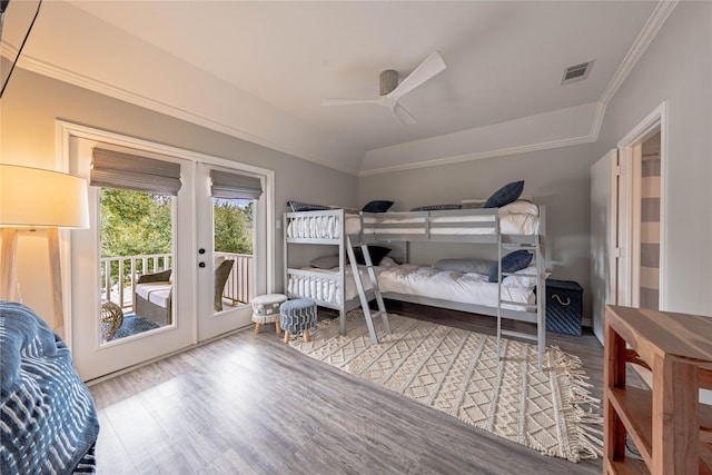 bedroom with lofted ceiling, wood-type flooring, french doors, access to exterior, and ceiling fan