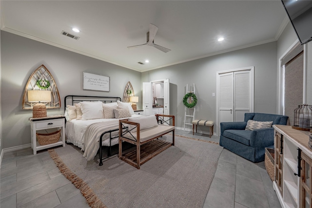 bedroom with ceiling fan, a closet, and crown molding