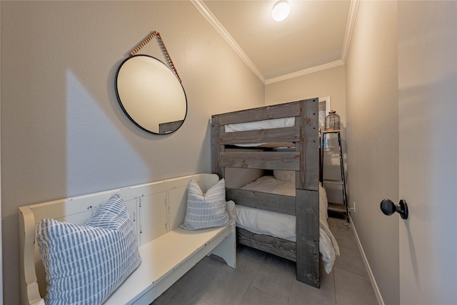 tiled bedroom with lofted ceiling and crown molding