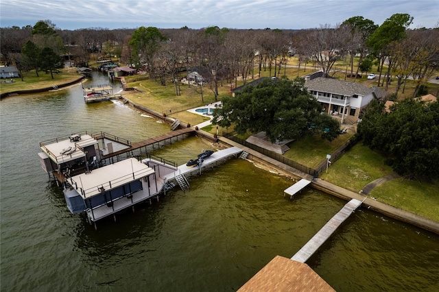 aerial view featuring a water view