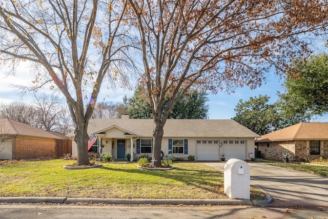 single story home featuring a front yard and a garage