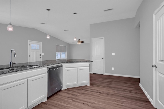 kitchen with white cabinetry, sink, hanging light fixtures, ceiling fan, and stainless steel dishwasher