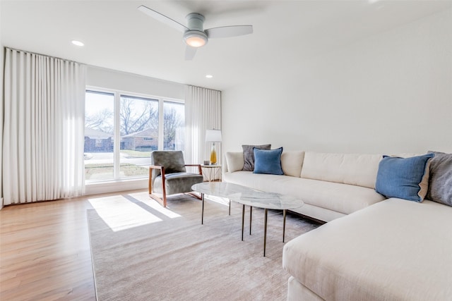 living room with ceiling fan and light hardwood / wood-style floors