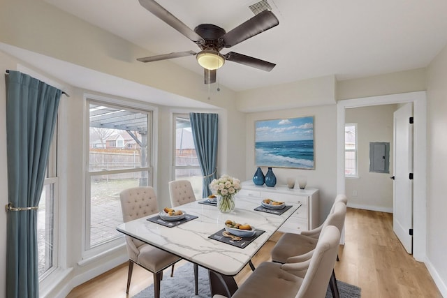 dining room with light hardwood / wood-style flooring, electric panel, and ceiling fan