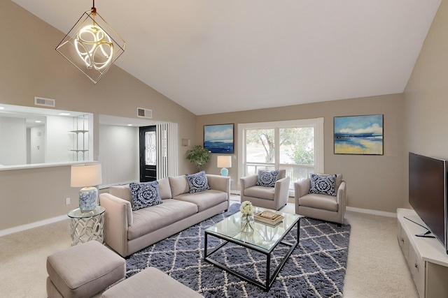 carpeted living room featuring lofted ceiling