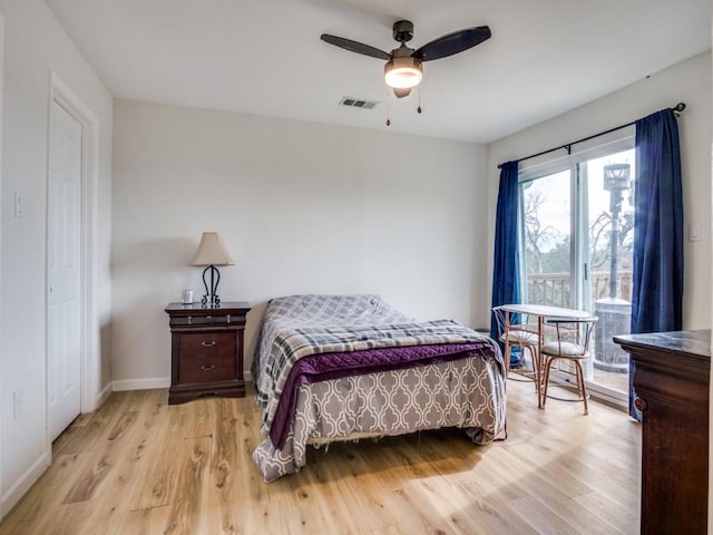 bedroom featuring ceiling fan and light hardwood / wood-style floors