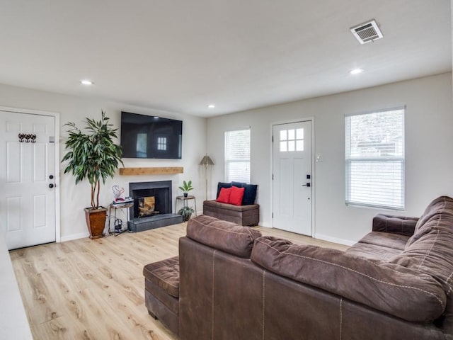 living room with light hardwood / wood-style flooring