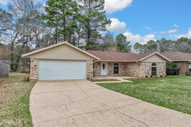 single story home with a garage and a front yard