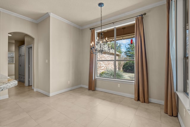 unfurnished dining area featuring light tile patterned floors, crown molding, a chandelier, and a textured ceiling