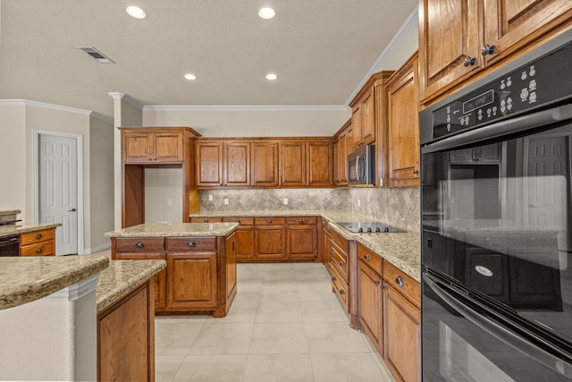 kitchen featuring black appliances, light stone countertops, tasteful backsplash, and ornamental molding