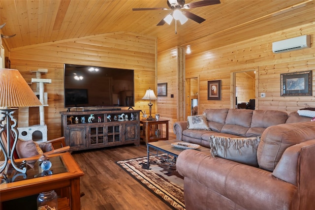 living room featuring ceiling fan, vaulted ceiling, a wall unit AC, dark wood-type flooring, and wooden ceiling