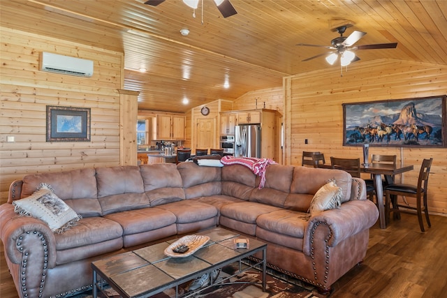 living room featuring lofted ceiling, wood ceiling, wooden walls, and a wall mounted air conditioner