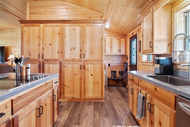 kitchen featuring dishwasher, sink, hardwood / wood-style flooring, wood ceiling, and light brown cabinetry