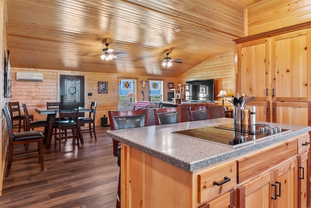 kitchen featuring dark hardwood / wood-style flooring, wooden walls, wooden ceiling, black electric cooktop, and a wall mounted air conditioner