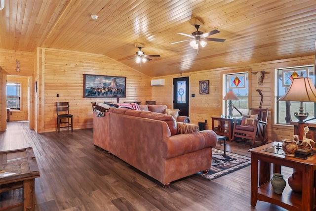 living room featuring wood walls, dark hardwood / wood-style floors, lofted ceiling, and wood ceiling