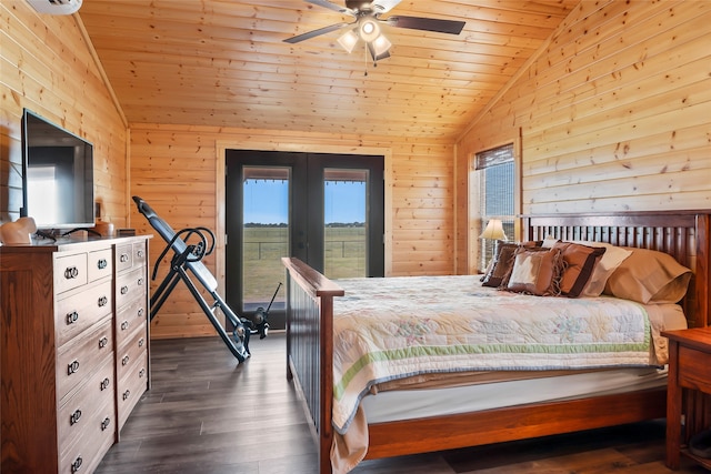 bedroom with ceiling fan, vaulted ceiling, dark hardwood / wood-style floors, and wooden ceiling