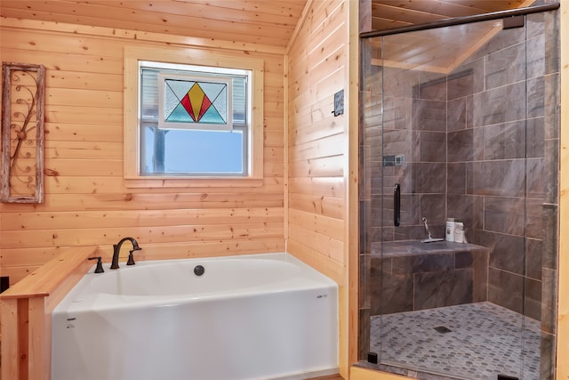 bathroom with plus walk in shower and wooden walls