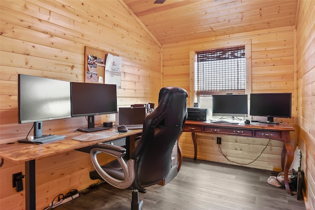 home office featuring wooden ceiling, hardwood / wood-style floors, lofted ceiling, and wood walls