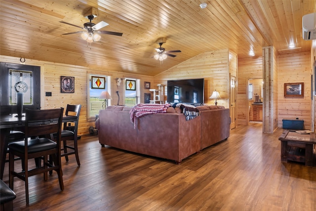 living room featuring lofted ceiling, ceiling fan, wood ceiling, and wooden walls