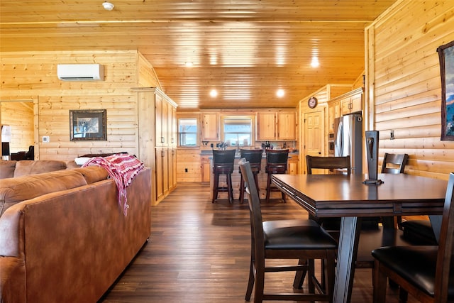 dining area with wood ceiling, dark hardwood / wood-style floors, a wall mounted air conditioner, lofted ceiling, and log walls