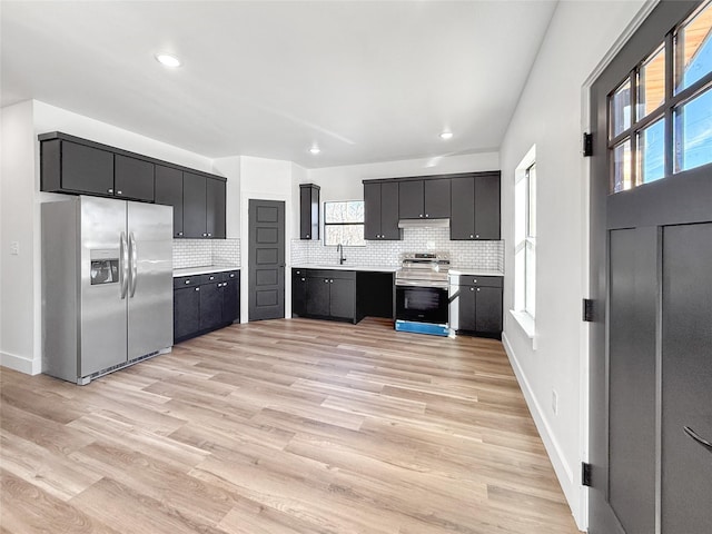 kitchen featuring light wood-type flooring, appliances with stainless steel finishes, backsplash, and sink