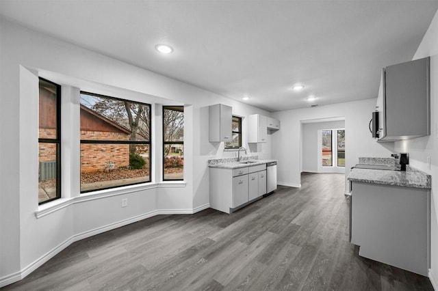 kitchen featuring appliances with stainless steel finishes, gray cabinetry, dark hardwood / wood-style flooring, light stone counters, and sink