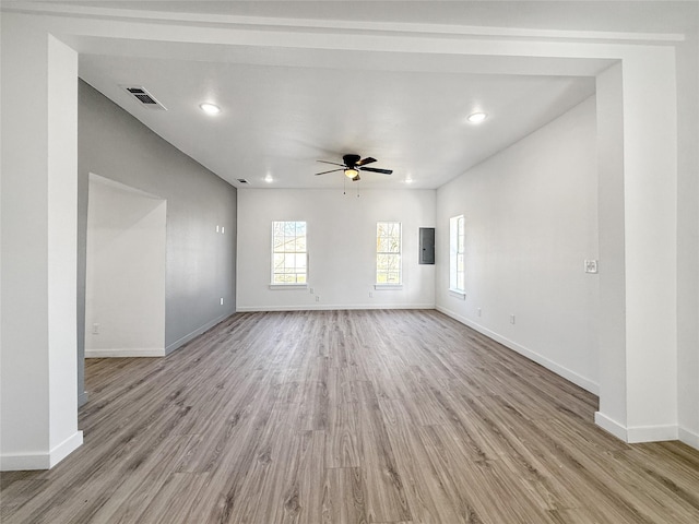 unfurnished room featuring ceiling fan and light wood-type flooring