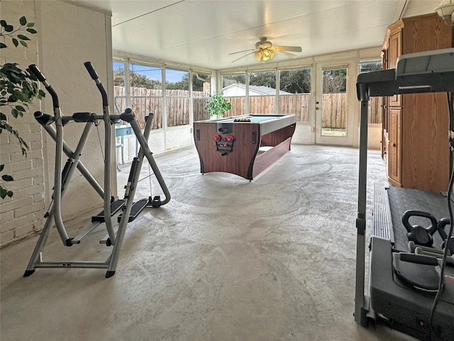 exercise room with ceiling fan and billiards