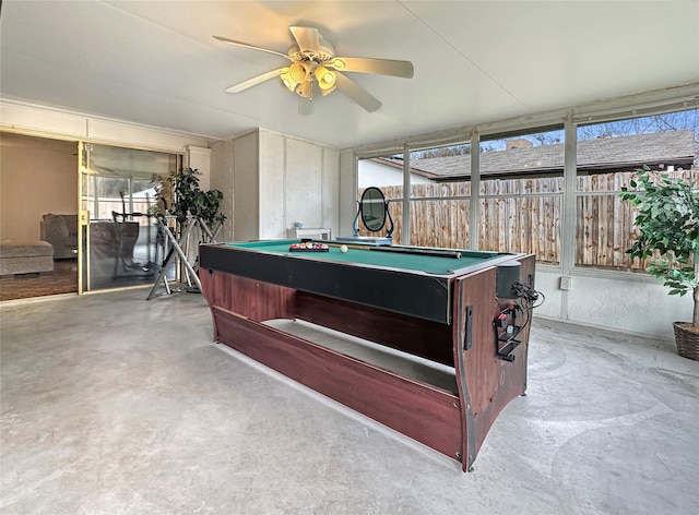 rec room featuring ceiling fan, a wealth of natural light, and billiards