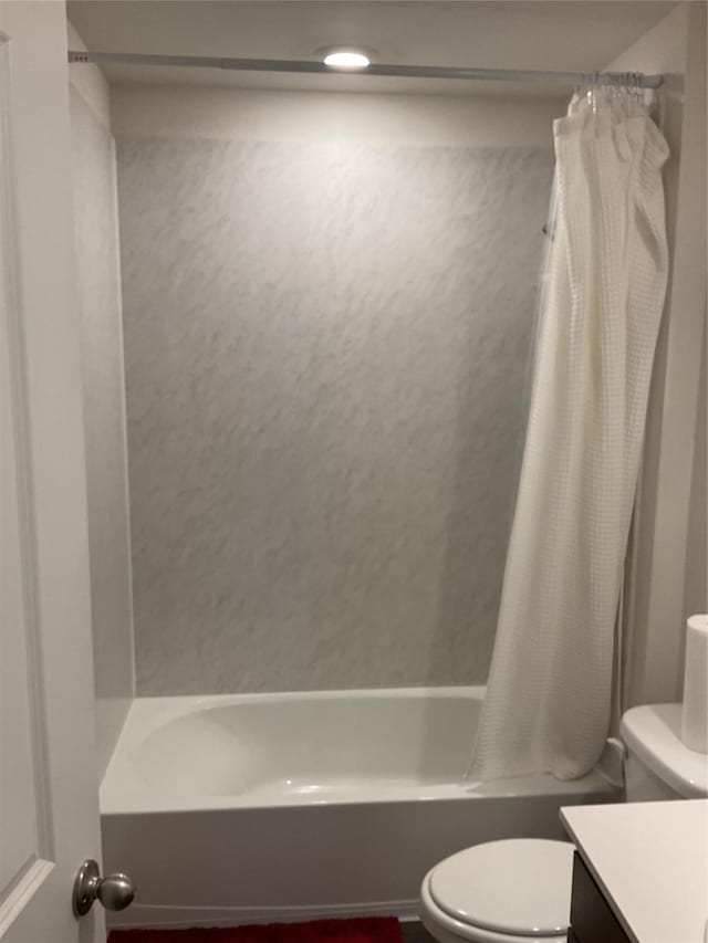 full bathroom with toilet, vanity, and shower / bathtub combination with curtain