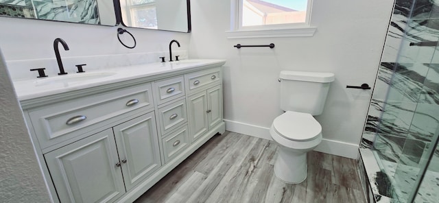 bathroom with toilet, vanity, wood-type flooring, and a shower