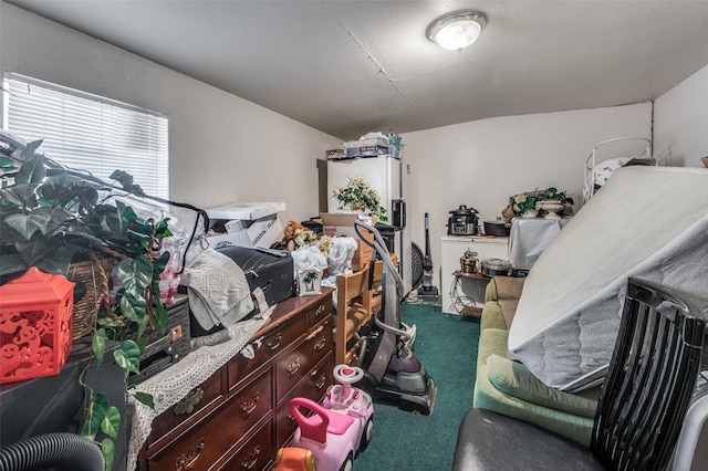 bedroom with dark carpet