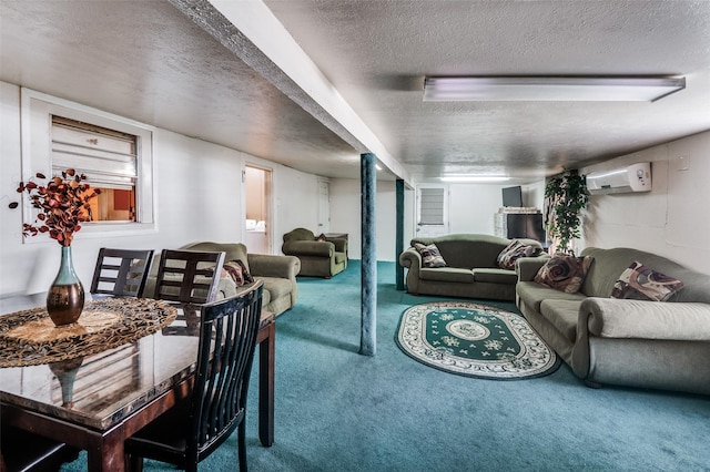 living room featuring a textured ceiling, a wall unit AC, and carpet flooring