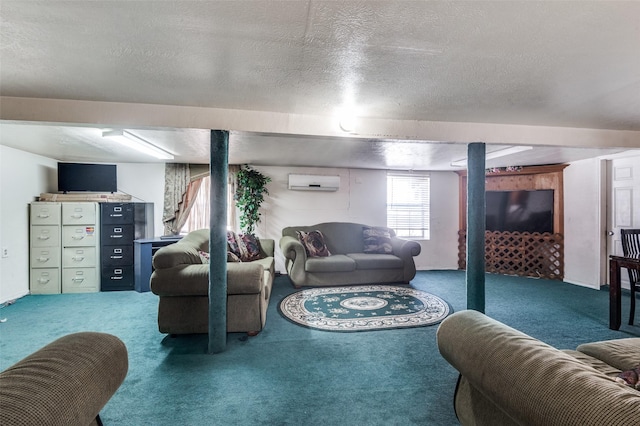 carpeted living room with an AC wall unit and a textured ceiling