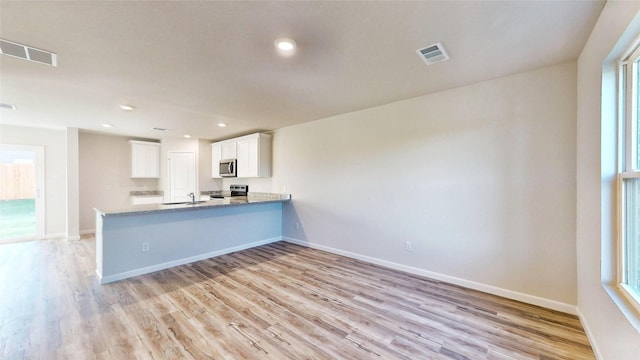 kitchen with white cabinets, stainless steel appliances, a healthy amount of sunlight, light hardwood / wood-style floors, and kitchen peninsula