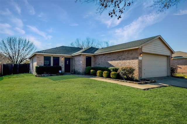 single story home with a garage and a front yard