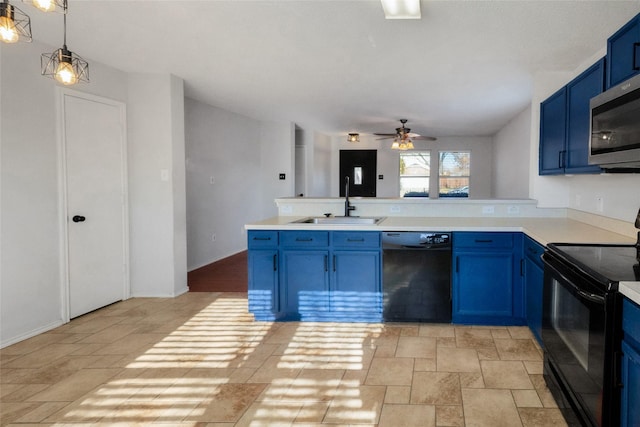 kitchen featuring ceiling fan, blue cabinetry, hanging light fixtures, black appliances, and sink