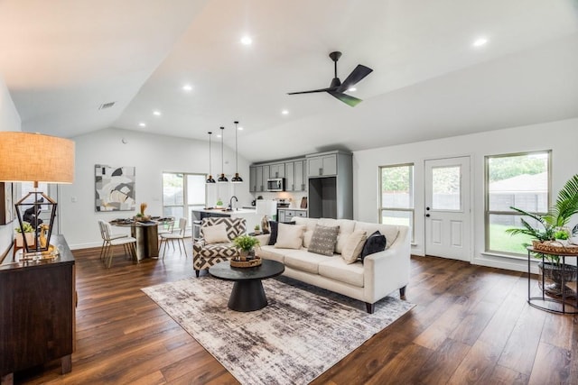 living room with ceiling fan, vaulted ceiling, dark hardwood / wood-style floors, and sink