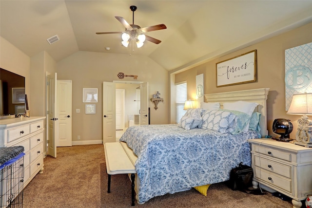 bedroom with vaulted ceiling, ceiling fan, and carpet