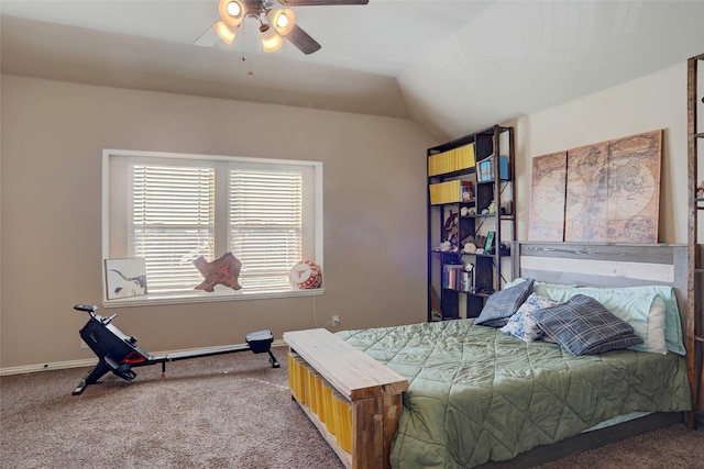 carpeted bedroom featuring ceiling fan and lofted ceiling