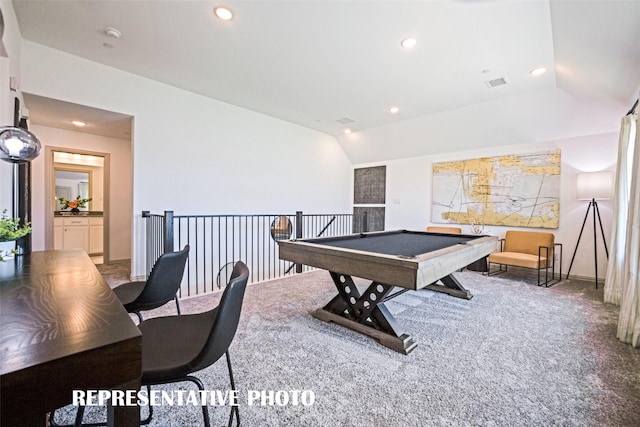 recreation room featuring lofted ceiling, billiards, and carpet