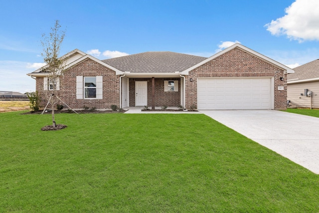 single story home featuring a garage and a front lawn