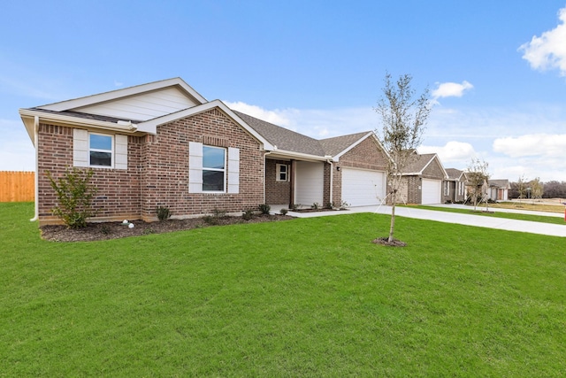 ranch-style house with a garage and a front lawn