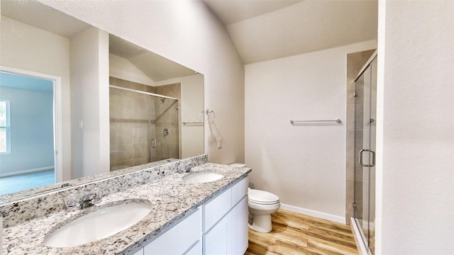 bathroom featuring toilet, wood-type flooring, an enclosed shower, and vanity